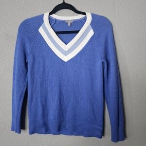 T by Talbots Petite Womens‎ PP Blue Sweater White V Neck Tennis Preppy Resort